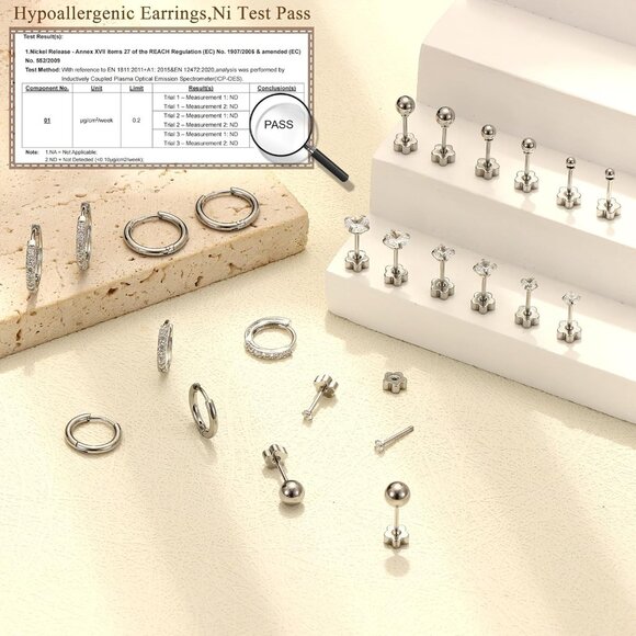 Hypoallergenic Surgical Steel Flat Back Earrings Set for Sensitive Ears Silver G - Picture 5 of 6